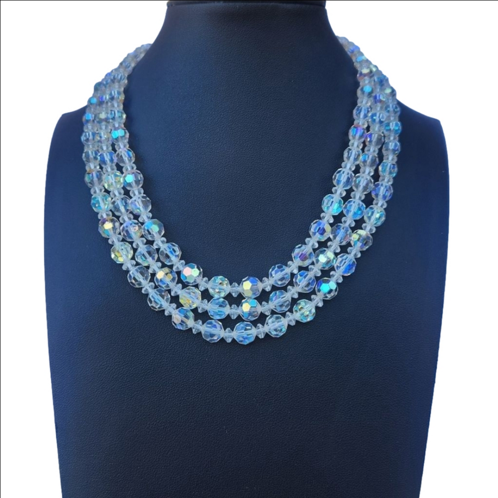 Vintage Aurora Borealis Crystal Necklace 3 Strand 17 in